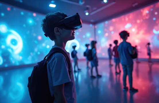 Children wear virtual reality headsets in vibrant glowing digital room. Kids interact with futuristic virtual reality experiences. Youngsters explore new tech, game, learn at modern science center