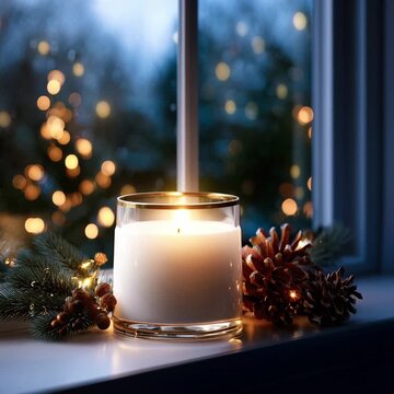 Beautiful Scented Candle Burning Brightly on a Windowsill with Festive Christmas Lights Outside