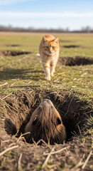 A curious cat approaches a beaver peeking from its burrow.