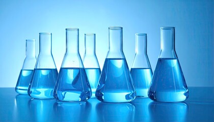 Row of Blue Liquid Filled Glass Flasks on a Blue Surface