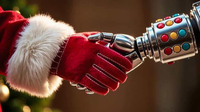 Santa Claus Shaking Hands with a Futuristic Robot Arm Symbolizing Technology and Holiday Future