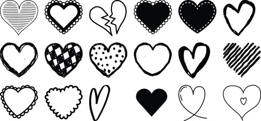 Collection of Hand-Drawn Hearts in Various Styles and Patterns
