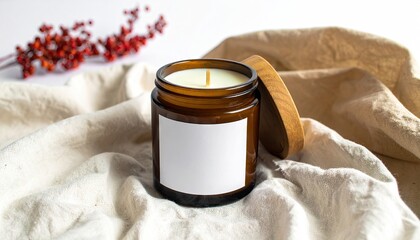 Amber Glass Candle Jar with Blank Label on Linen Fabric