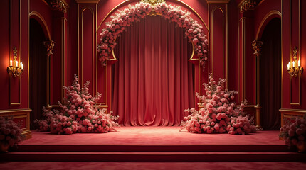 &ldquo;Burgundy and Gold Luxury Wedding Stage with Velvet Floral Decor and Gradient Lights &ndash; Cinematic Close-Up Shot&rdquo;