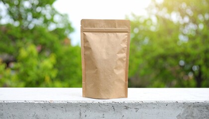 Kraft Paper Stand Up Pouch Mockup on Concrete Ledge