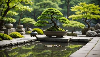 Zen Japanese Garden with Bonsai and Calm Pond Reflection.