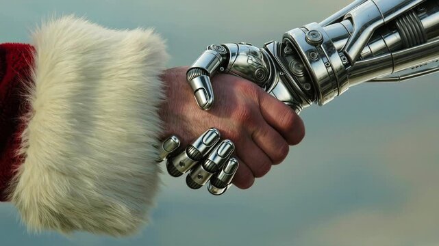 Futuristic Robot Arm and Santa Costume Hand Shaking in a Collaborative Christmas Concept