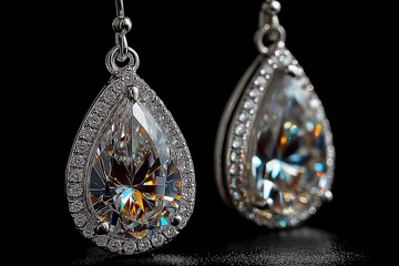 Elegant teardrop crystal earrings adorned with intricate silver metalwork sparkle brilliantly against a dark background