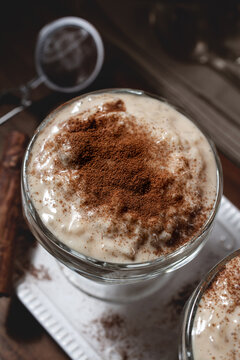 Homemade rice pudding with cinnamon and lemon zest