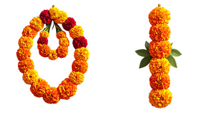 Two variations of traditional marigold garlands showcasing cultural festivity isolated on transparent background.
