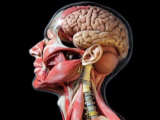 scientific side profile of human head and neck, muscular and internal systems exposed including brain and throat 
