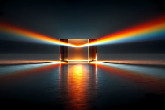 A rectangular glass prism refracts white light into a vibrant spectrum of colors creating a beautiful rainbow effect on a reflective surface