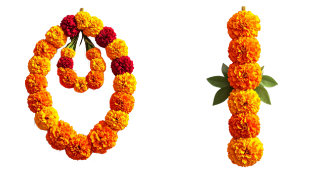 Two variations of traditional marigold garlands showcasing cultural festivity isolated on transparent background.