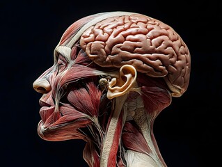 scientific side profile of human head and neck, muscular and internal systems exposed including brain and throat 
