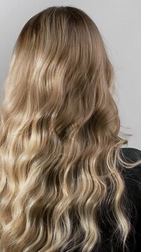 Blonde wavy hair moving in slow motion. Texture of female hair close-up.