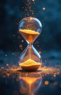 Glowing hourglass with golden sand falls on dark blue background. Shiny particles sparkle around glass. Conceptual image shows time passing, countdown, future planning, magic, measurement. Deadlines,