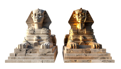 Two variations of Egyptian Sphinx temple 3D front-view isolated on transparent background.