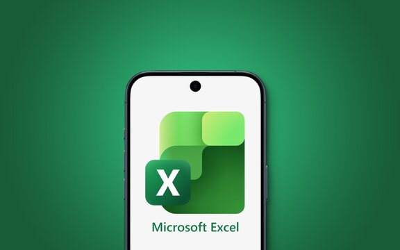 Microsoft Excel logo is displayed on a modern smartphone, new 2025 logo, spreadsheet editor features calculation, computation capabilities, graphing tools, pivot tables, and macro programming language