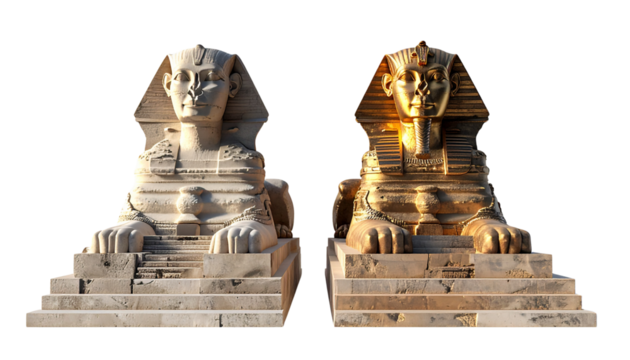 Two variations of Egyptian Sphinx temple 3D front-view isolated on transparent background.