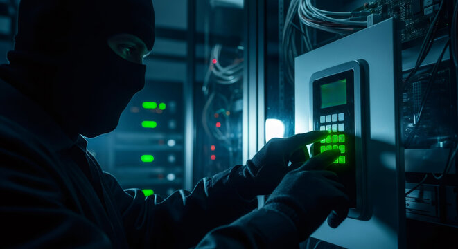 Man in balaclava trying to break into a secure server room, inputting code into a keypad. Cybercrime concept for data breach and hacking.