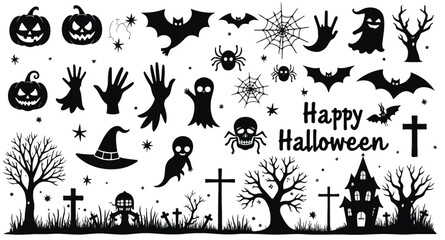 Collection of Halloween silhouette icons and characters.