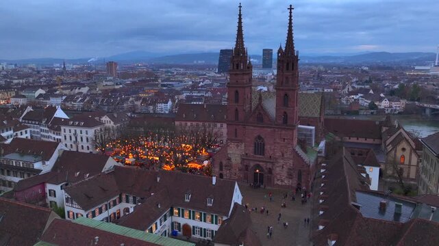 Basel Christmas Market Aerial Shot. Illuminated Basler Weihnachtsmarkt in the evening Twilights at Winter in Switzerland