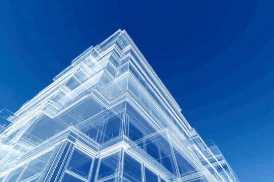 Transparent wireframe architectural rendering of a modern multi-level building with detailed structural elements set against a clear deep blue sky background