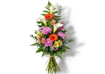 Obraz premium Bright Funeral Flower Arrangement with Calla Lilies, Gerbera Daisies and Mums on White