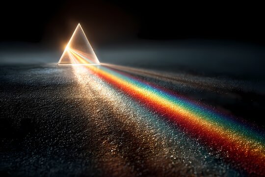 A bright white light beam enters a triangular prism refracting into a vibrant spectrum of colors across a textured surface