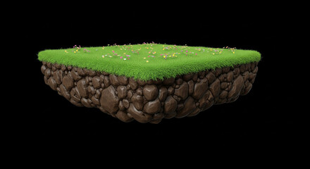 A small, isolated square of grass and earth with colorful confetti scattered on top.