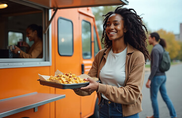 Smiling african american woman holds tray of nachos. She buys food from bright orange truck. Person walks past in background. Outdoor urban scene.