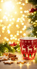 Cozy Christmas Mug with Festive Decorations and Lights