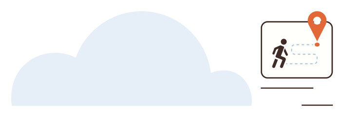 Cloud alongside figure walking toward location pin on digital interface. Ideal for navigation, tracking, online services, connectivity, cloud technology, journey mapping, simple flat metaphor