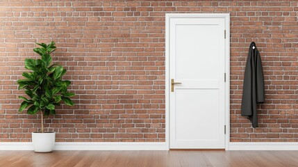 A contemporary entrance hall featuring a sleek white door and stylish coat rack against a rustic brick wall