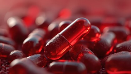Close up photo of translucent red capsules. Pills medicine in soft focus. Supplement capsules for health wellness. Abstract backdrop with capsules in deep red tones.
