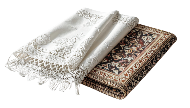 Two variations of Islamic taqiyah cap stacks highlighting texture and craftsmanship isolated on transparent background.