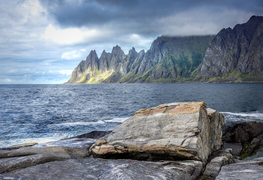 Scenic view over the colorful Ersfjord in Skaland on Senja, Norway