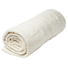 Rolled white towel with a textured surface and decorative band.