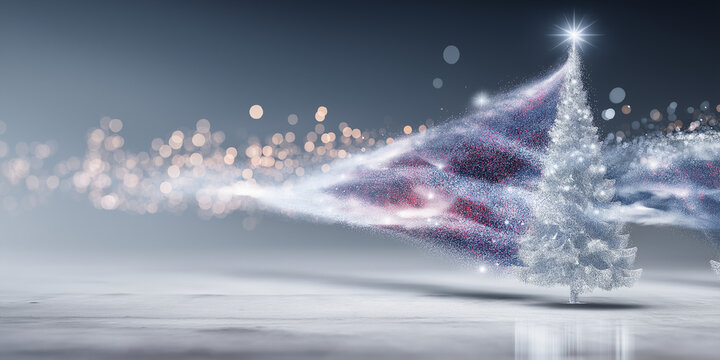 Luminous abstract Christmas tree made of pink and violet lights stands on snowy landscape, creating magical and festive atmosphere. background is filled with bokeh lights - Powered by Adobe