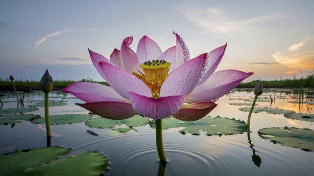 Lotus flower opening time-lapse in serene water with sunlight  