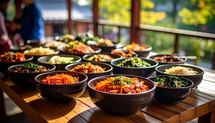 Feasting on Bibimbap, Kimchi and other traditional Korean food. 