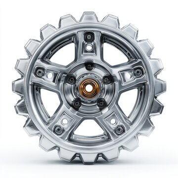 An industrial wheel logo with gear teeth and a speed line effect metallic chrome finish automotive or engineering theme isolated on white background
