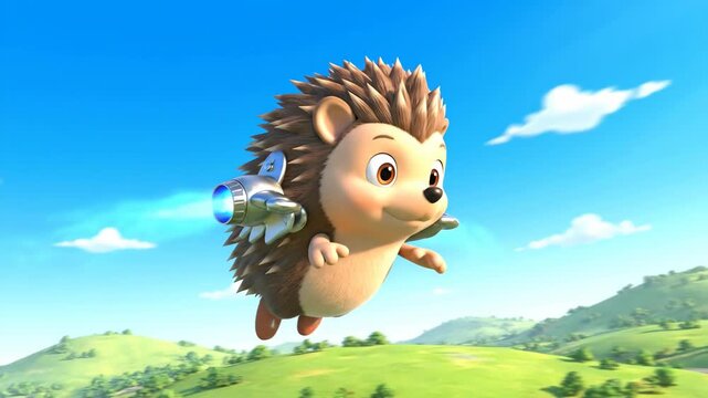 Animated hedgehog flies with jetpack over rolling green hills