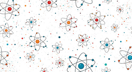 Vibrant scientific pattern featuring stylized atoms with colorful nuclei and orbiting electrons, against a white background with speckles.