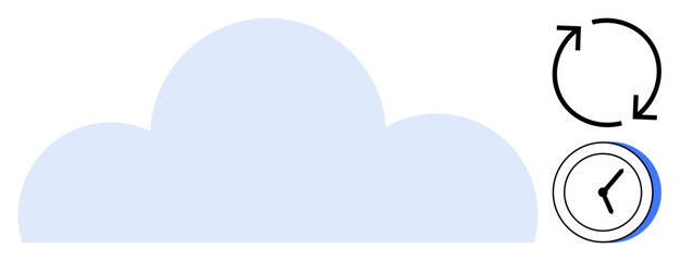 Blue cloud with circular arrows for data synchronization and a clock icon for backup scheduling. Ideal for cloud storage, data security, technology, online storage, scheduling, automation, simple