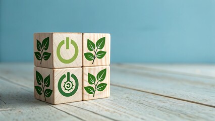 Wooden blocks stacked with green leaf and power button symbols on a wooden surface against a blue background, representing ecofriendly energy sources