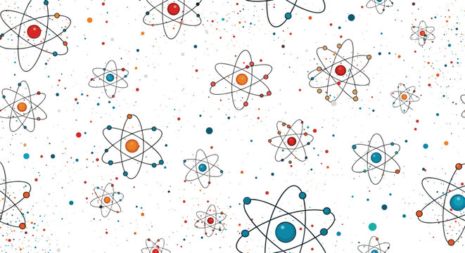 Fototapeta Vibrant scientific pattern featuring stylized atoms with colorful nuclei and orbiting electrons, against a white background with speckles.