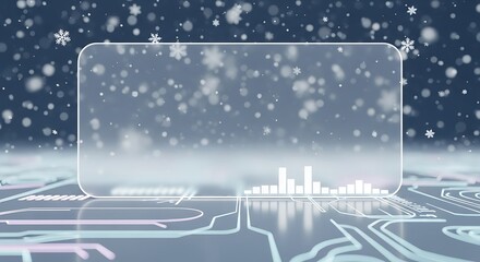 Futuristic digital interface with glowing circuit board patterns and falling snowflakes offers a modern, cool aesthetic perfect for technology, data, or winter themes
