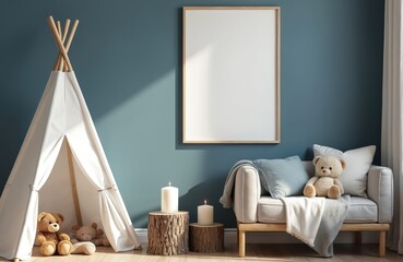 Children room interior with a blank poster mockup on wall. Cozy room designed in modern Scandinavian style. Bears near teepee sofa pillows add comfort.