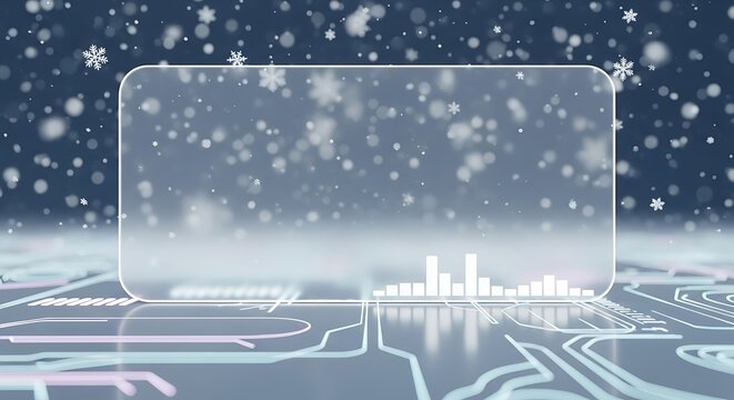 Futuristic digital interface with glowing circuit board patterns and falling snowflakes offers a modern, cool aesthetic perfect for technology, data, or winter themes
